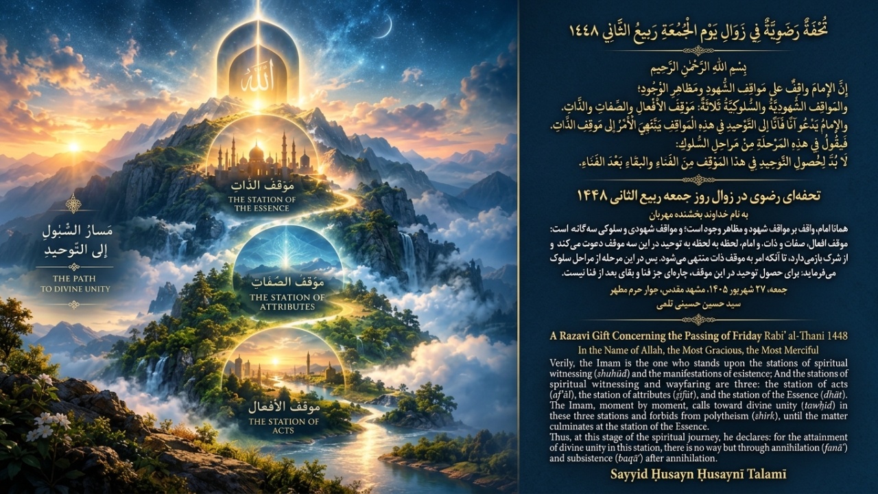 تُحْفَةٌ رَضَوِيَّةٌ: إِنَّ الْإِمَامَ وَاقِفٌ عَلَى مَوَاقِفِ الشُّهُودِ وَمَظَاهِرِ الْوُجُودِ